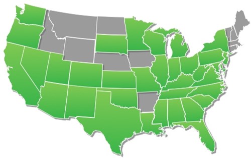 A map of the USA. States in green indicate areas where Crescent Bank auto financing dealer opportunities exist.